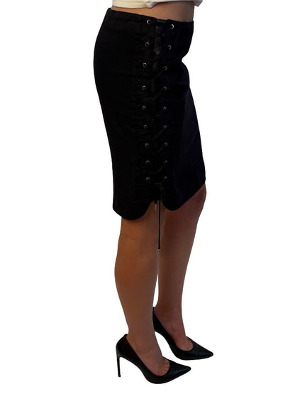 Gucci Black Lace Up Leather Trim Skirt. Size: 42