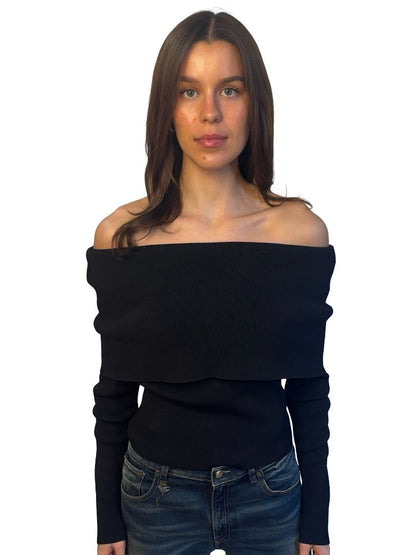 Scanlan Theodore Black Off The Shoulder Folded Rib Knit Top. Size: M