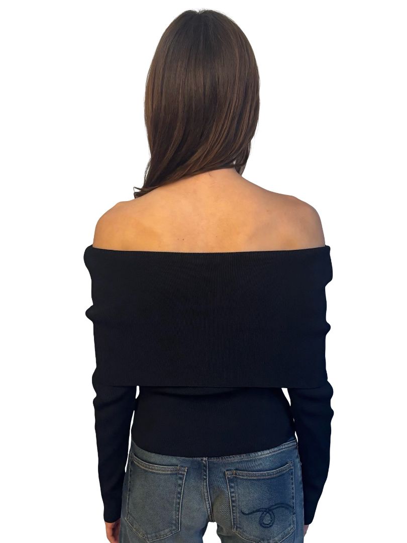 Scanlan Theodore Black Off The Shoulder Folded Rib Knit Top. Size: M