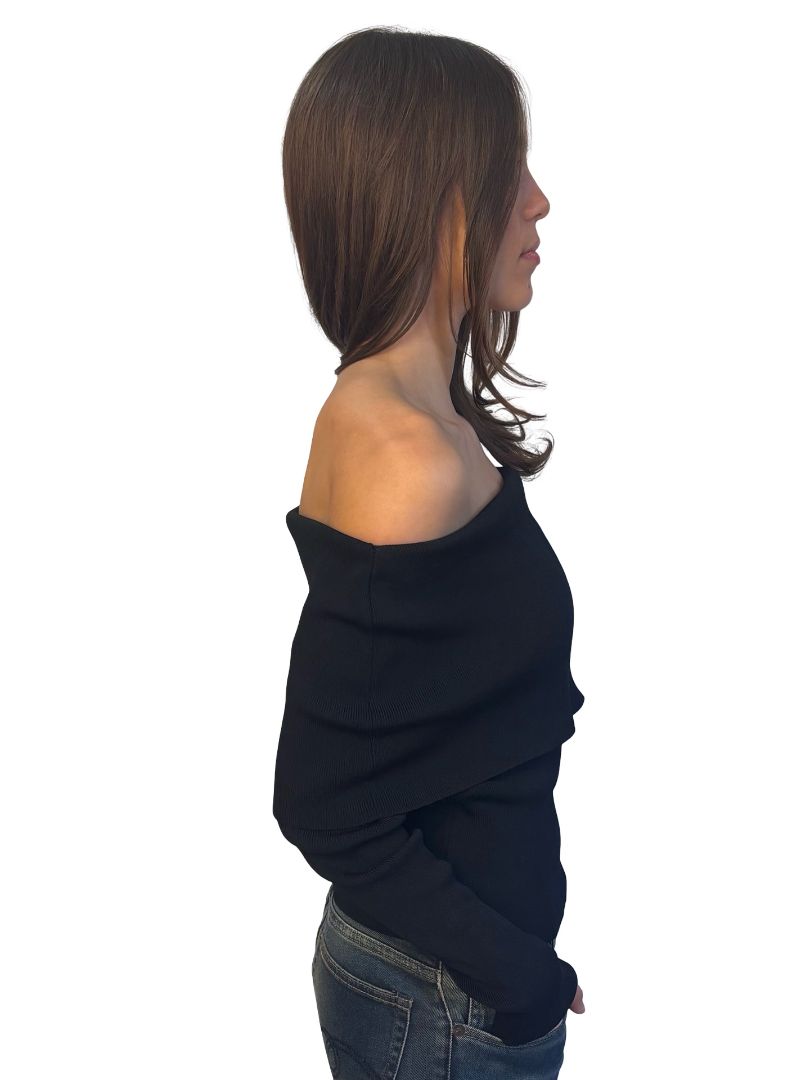 Scanlan Theodore Black Off The Shoulder Folded Rib Knit Top. Size: M