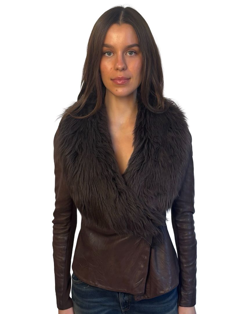 Husk Brown Faux Fur Leather Jacket W Gunmetal Clasp. Size: 1