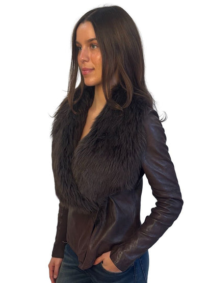 Husk Brown Faux Fur Leather Jacket W Gunmetal Clasp. Size: 1