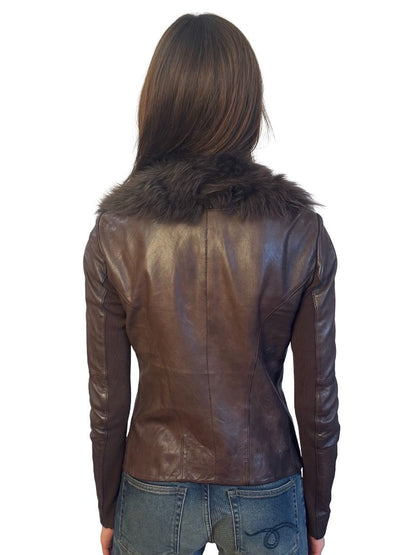 Husk Brown Faux Fur Leather Jacket W Gunmetal Clasp. Size: 1
