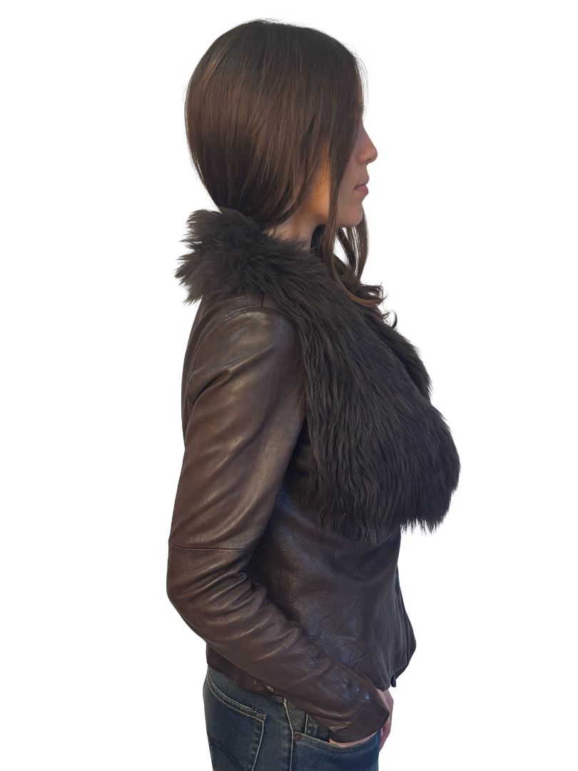 Husk Brown Faux Fur Leather Jacket W Gunmetal Clasp. Size: 1