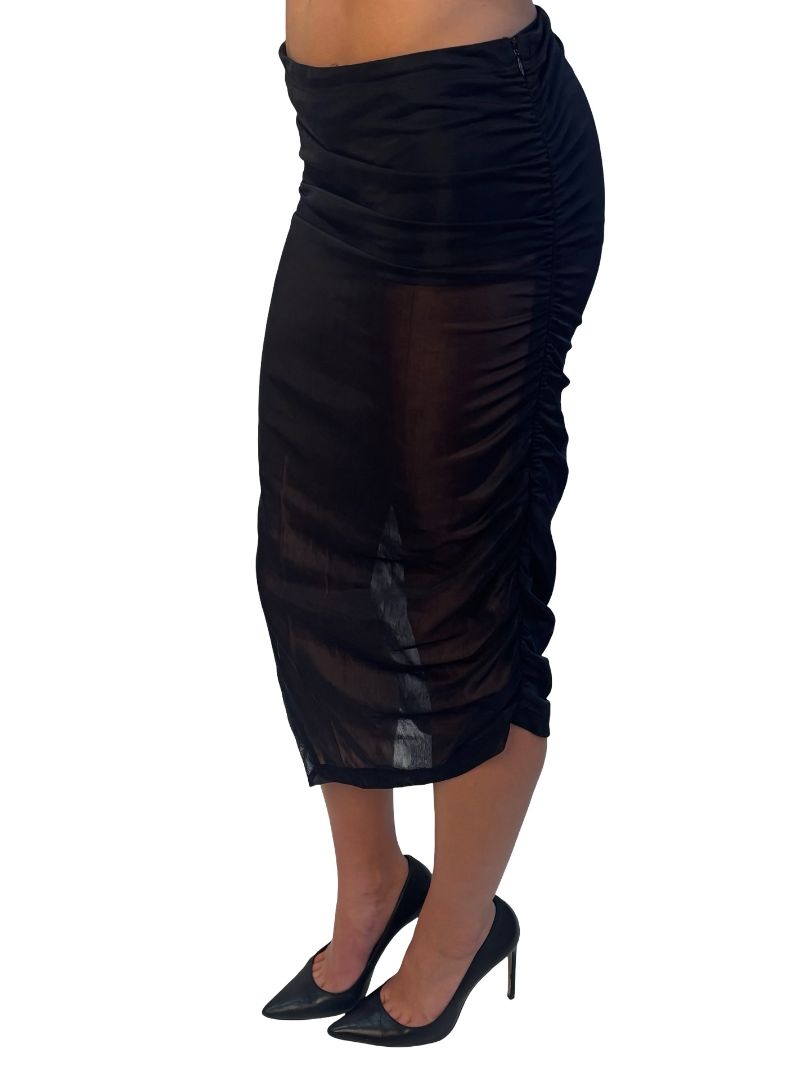 Malloni Black Sheer Ruched Skirt. Size: S