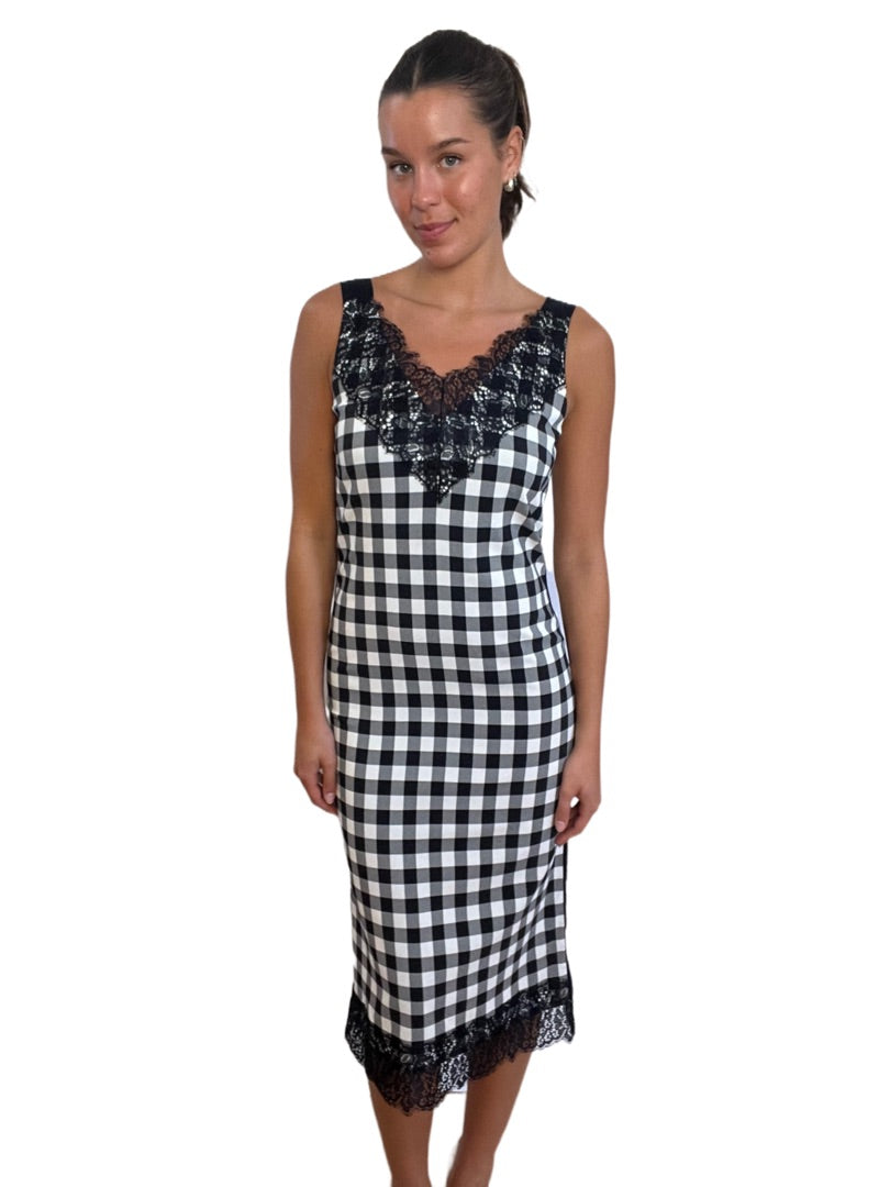 Boss Black & White Sleeveless Check & Lace Long Dress. Size: 8