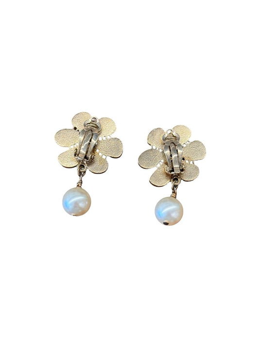 Chanel Gold-toned CC Lace Flower Pearl Dangle Clip On Earrings.
