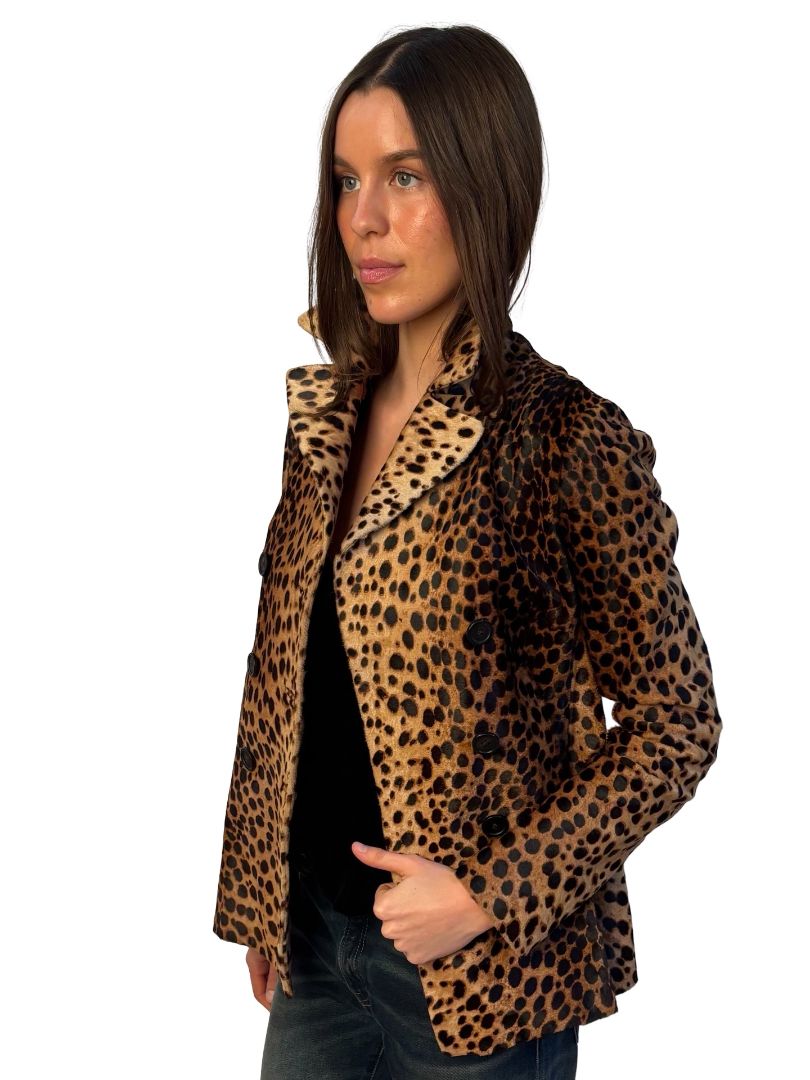 Joseph Leopard Double Breasted Calf Skin Jacket. Size: 38