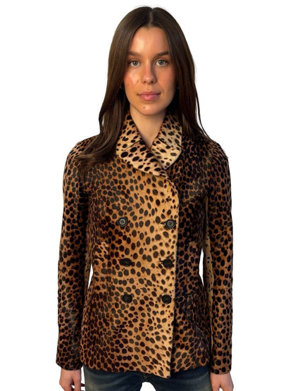 Joseph Leopard Double Breasted Calf Skin Jacket. Size: 38