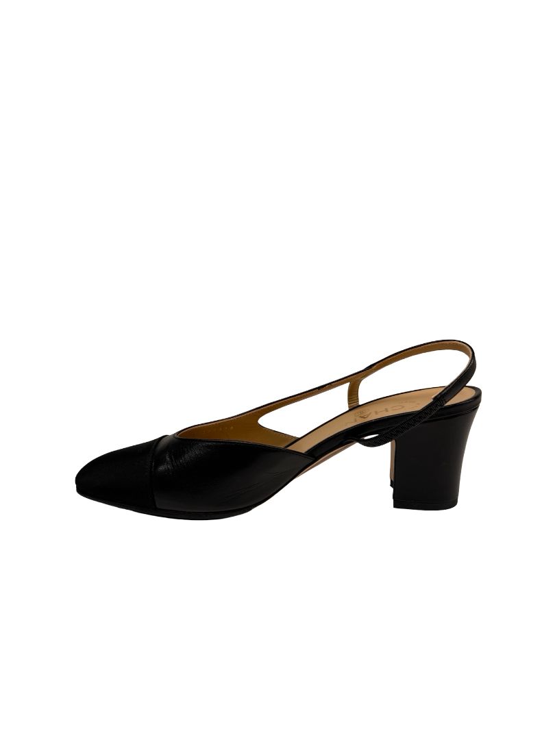 Chanel Black Block Heel CC Slingbacks. Size: 38