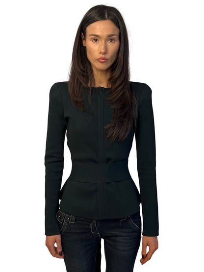 Scanlan Theodore Dark Green Curved Hem Crepe Knit Jacket W Tie. Size: S