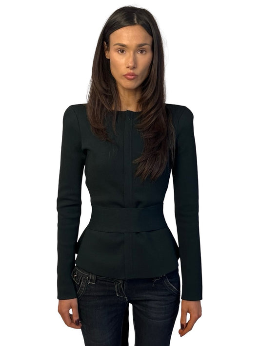 Scanlan Theodore Dark Green Curved Hem Crepe Knit Jacket W Tie. Size: S