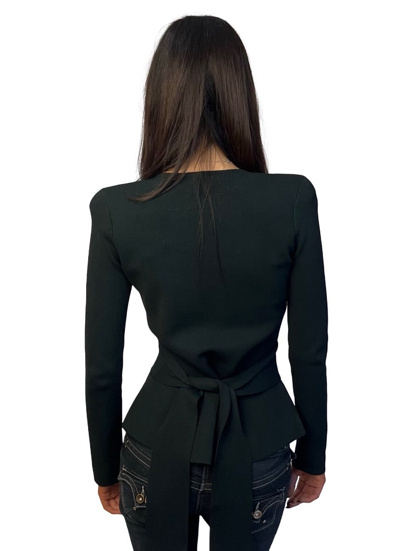 Scanlan Theodore Dark Green Curved Hem Crepe Knit Jacket W Tie. Size: S