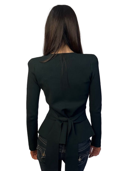 Scanlan Theodore Dark Green Curved Hem Crepe Knit Jacket W Tie. Size: S