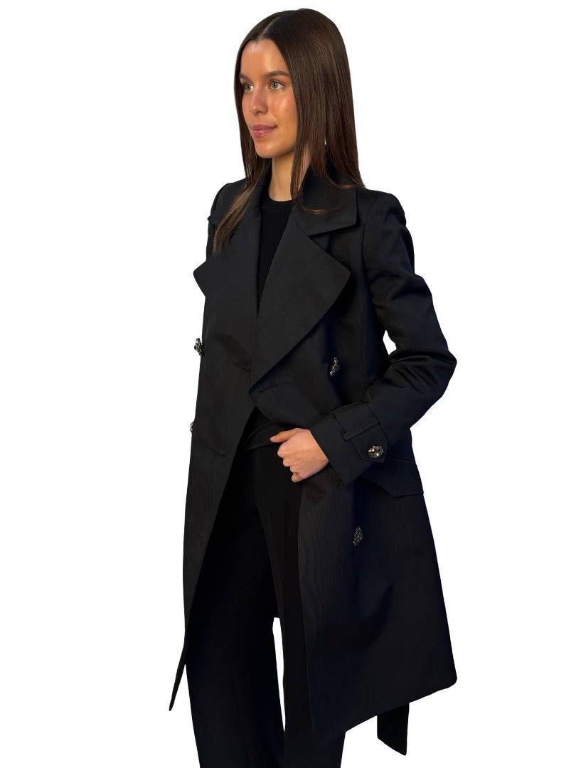 House of Cashmere Couture Black Silk Taffeta Coat W Crystal Brooch Buttons. Size: 42