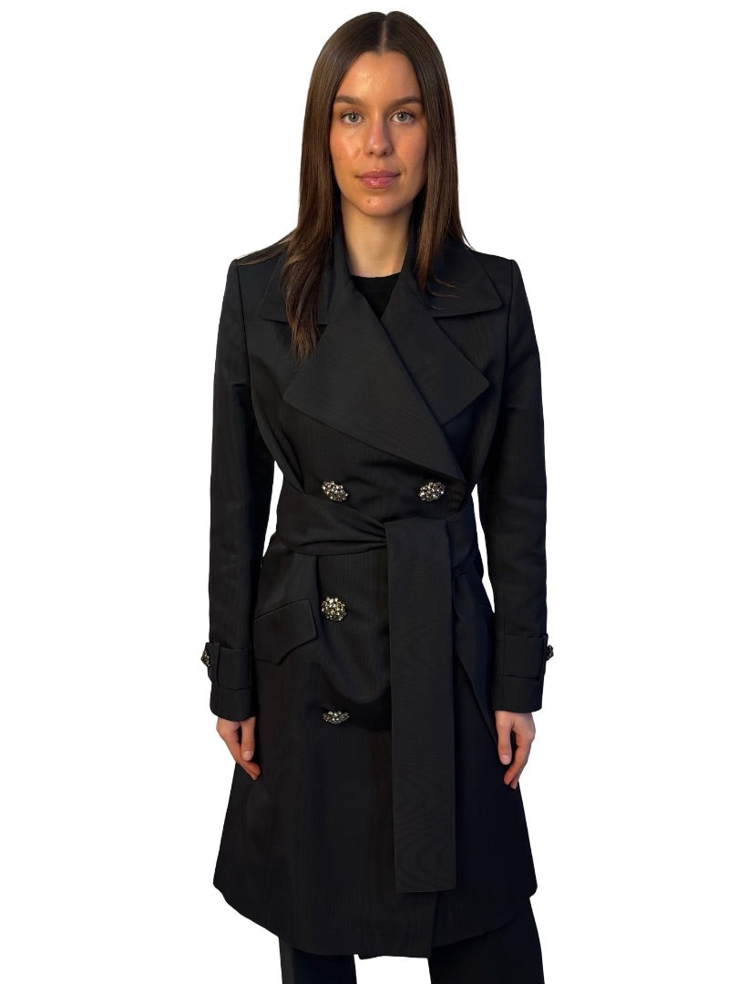 House of Cashmere Couture Black Silk Taffeta Coat W Crystal Brooch Buttons. Size: 42