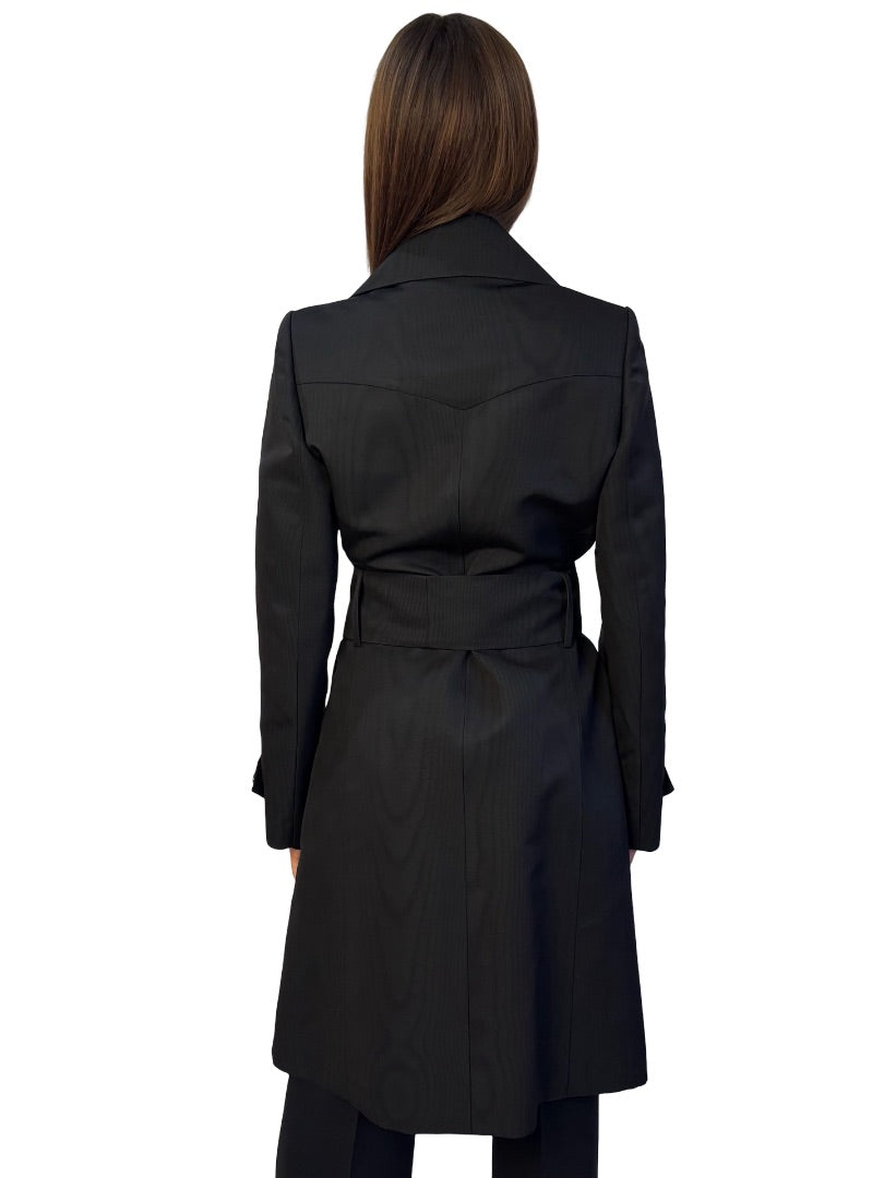 House of Cashmere Couture Black Silk Taffeta Coat W Crystal Brooch Buttons. Size: 42