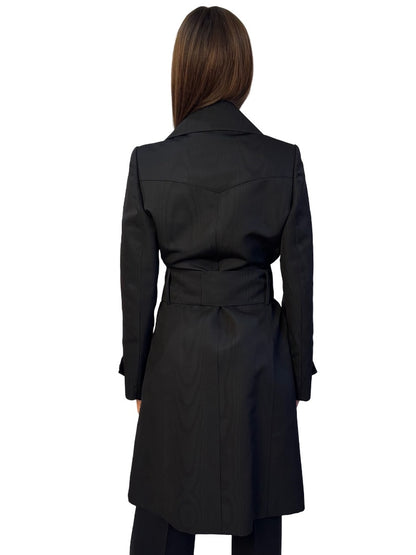 House of Cashmere Couture Black Silk Taffeta Coat W Crystal Brooch Buttons. Size: 42