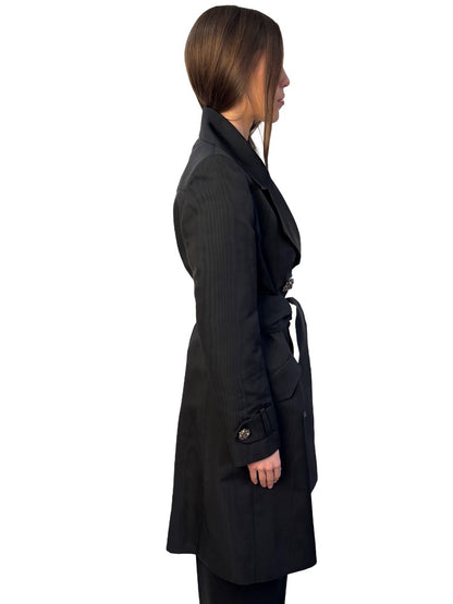 House of Cashmere Couture Black Silk Taffeta Coat W Crystal Brooch Buttons. Size: 42