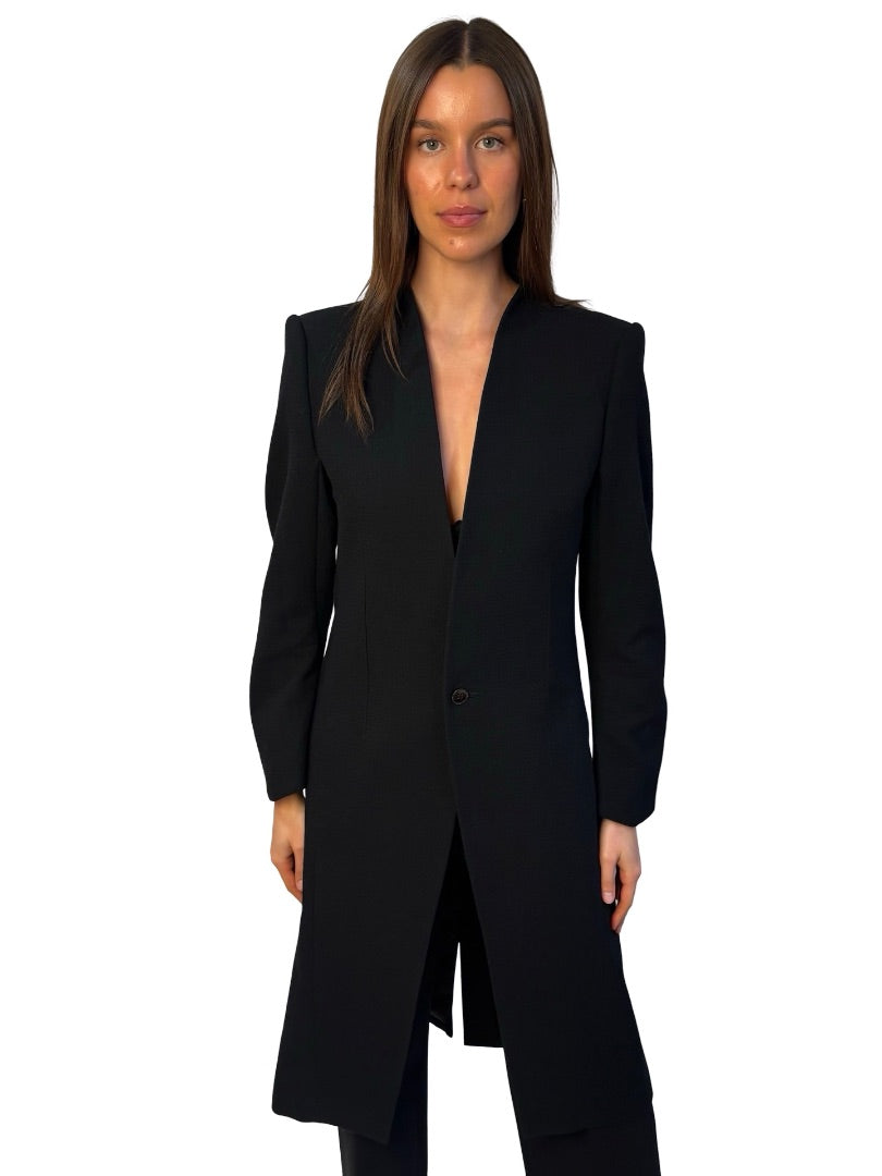 Devoa Black Collarless Wool/Cotton Coat. Size: 48