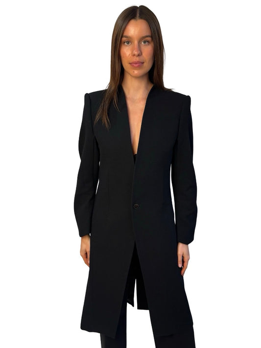 Devoa Black Collarless Wool/Cotton Coat. Size: 48