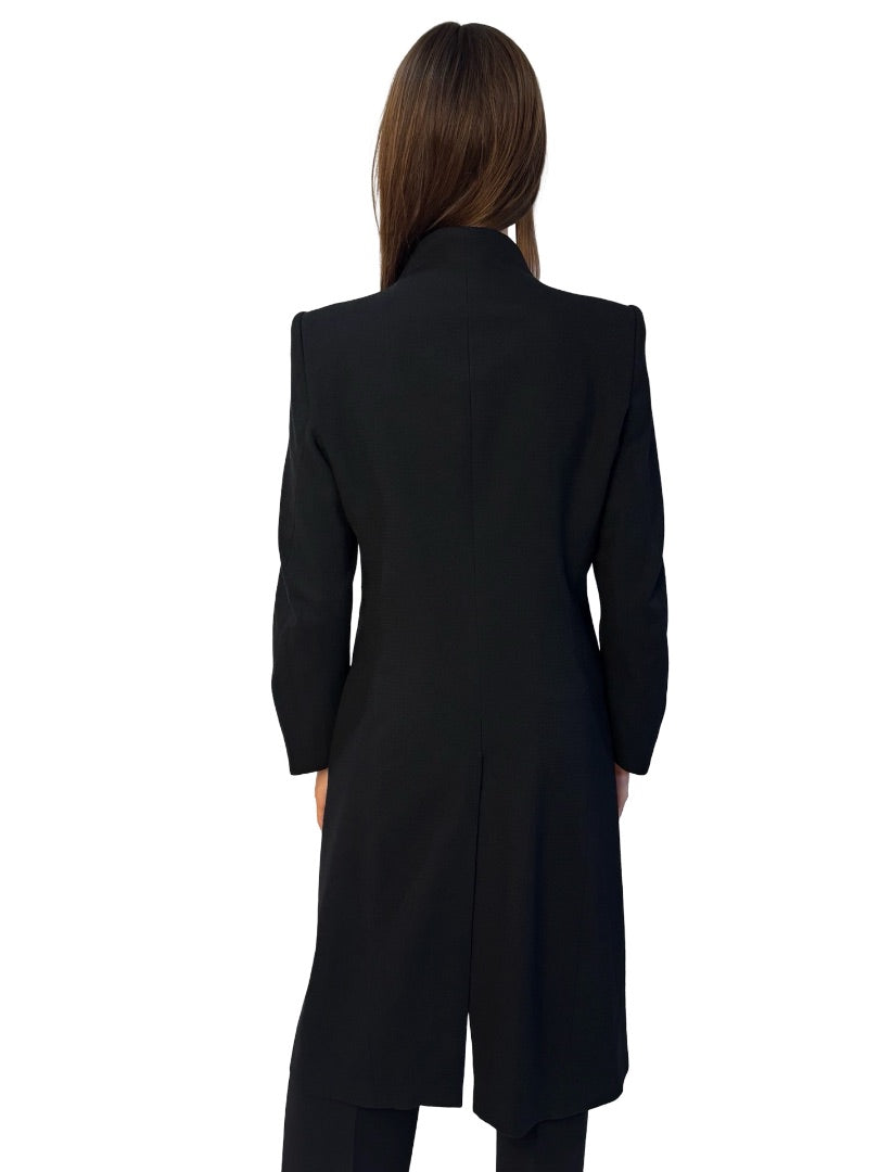 Devoa Black Collarless Wool/Cotton Coat. Size: 48