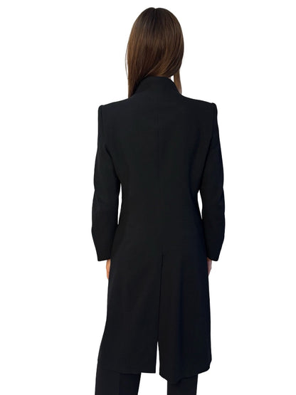 Devoa Black Collarless Wool/Cotton Coat. Size: 48