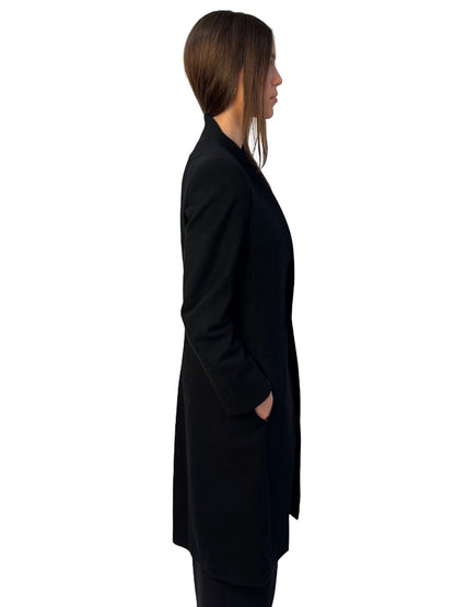 Devoa Black Collarless Wool/Cotton Coat. Size: 48