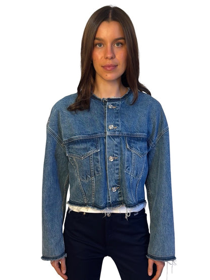 SLVRLAKE Blue Wash 'Collarless Trucker' Denim Jacket W Frayed Hem. Size: M