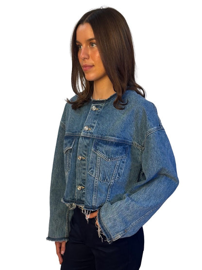 SLVRLAKE Blue Wash 'Collarless Trucker' Denim Jacket W Frayed Hem. Size: M