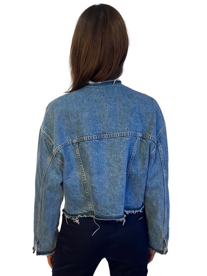 SLVRLAKE Blue Wash 'Collarless Trucker' Denim Jacket W Frayed Hem. Size: M