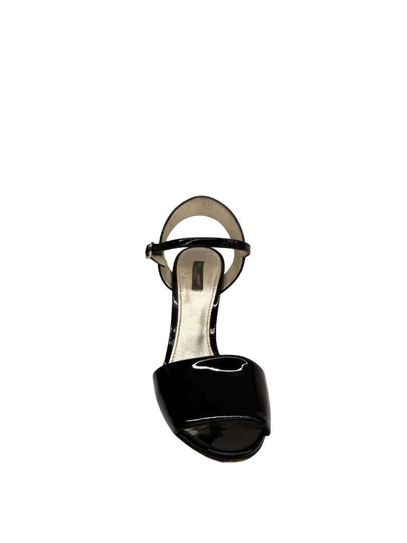 Dolce & Gabbana Black Patent Open Toe Ankle Strap Heels. Size: 39