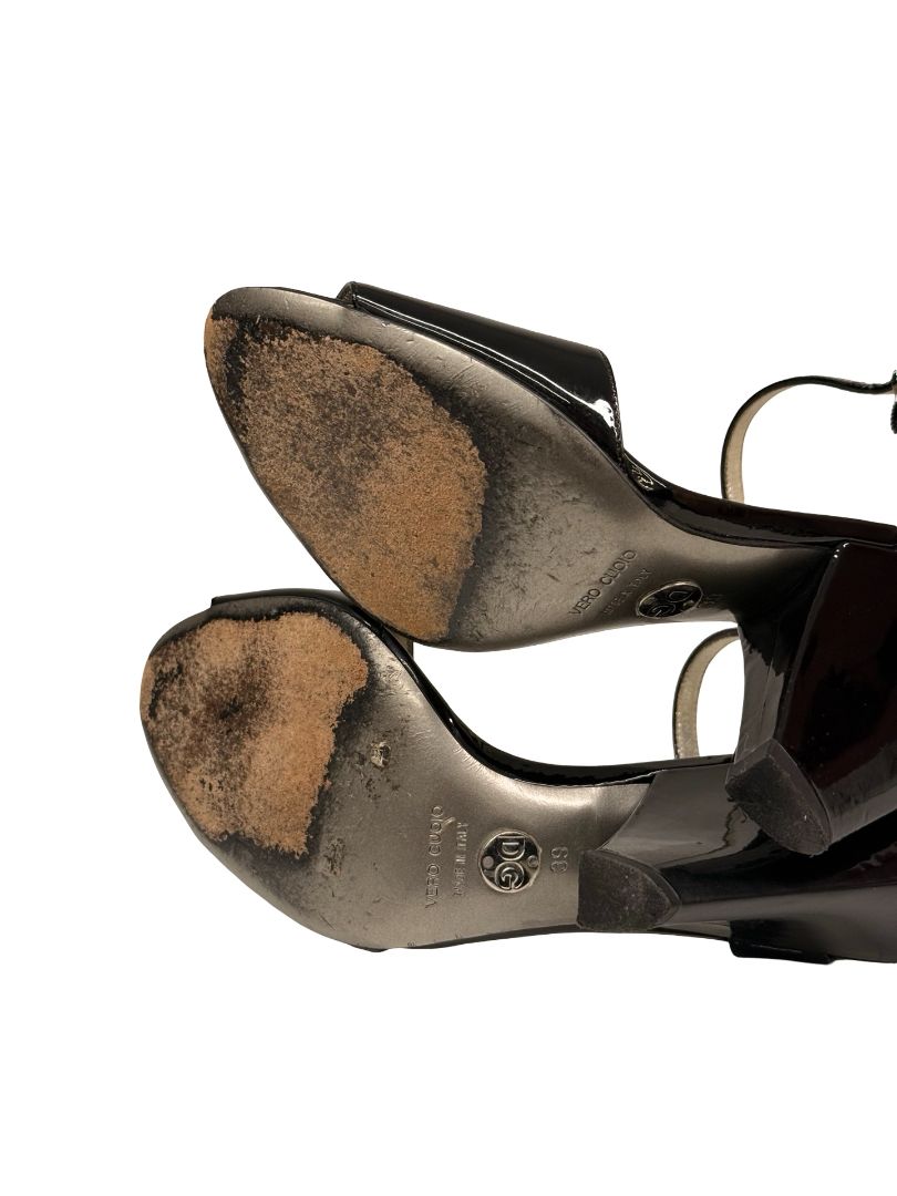 Dolce & Gabbana Black Patent Open Toe Ankle Strap Heels. Size: 39