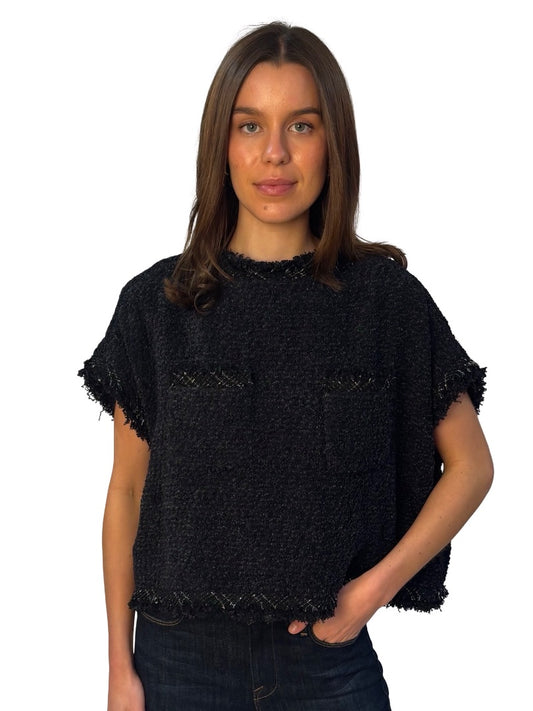 Sacai Black Distressed Tweed Sleeveless Two Pocket Top. Size: 2
