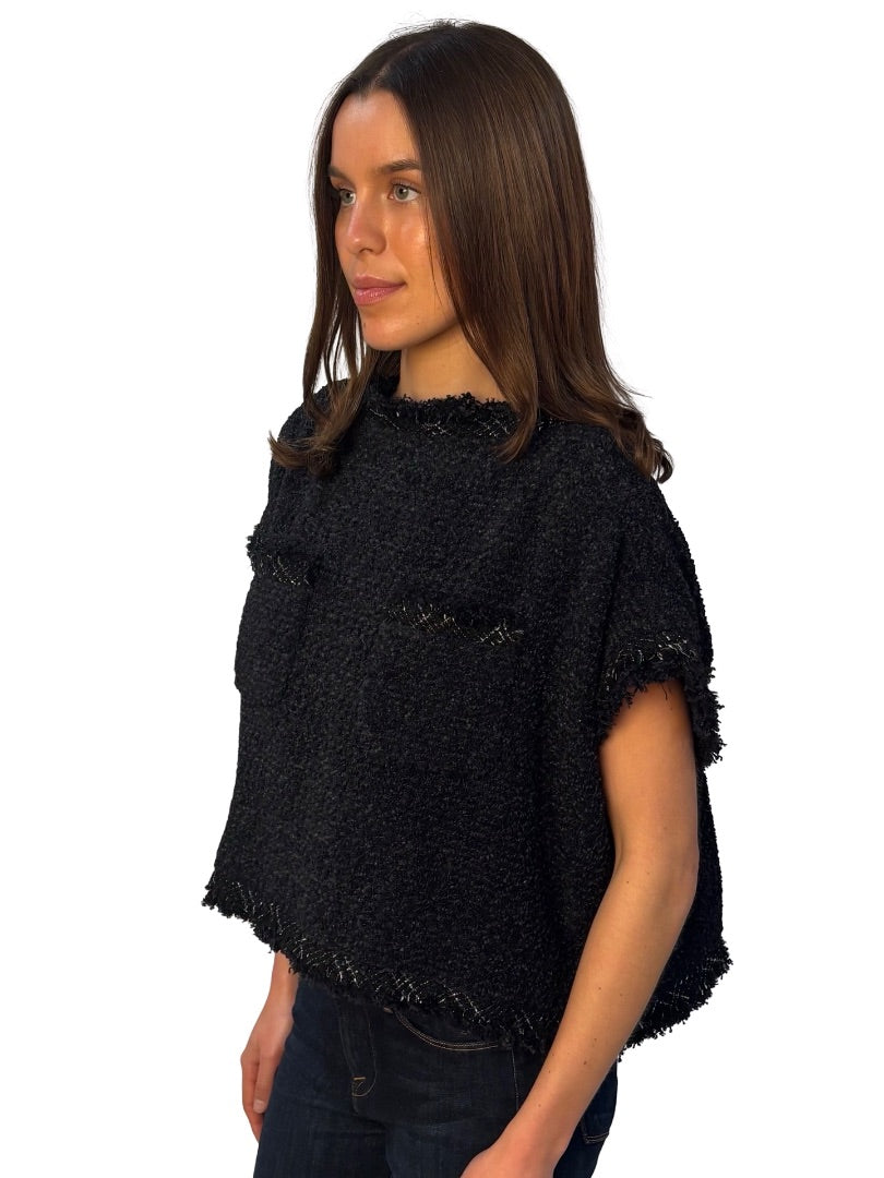 Sacai Black Distressed Tweed Sleeveless Two Pocket Top. Size: 2