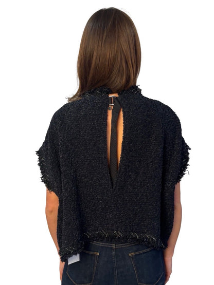 Sacai Black Distressed Tweed Sleeveless Two Pocket Top. Size: 2