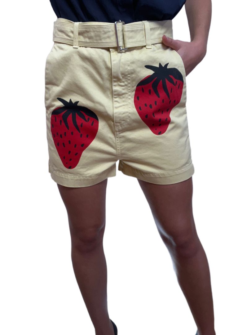 JW Anderson Yellow Shorts with Strawberry Motif. Size: Medium