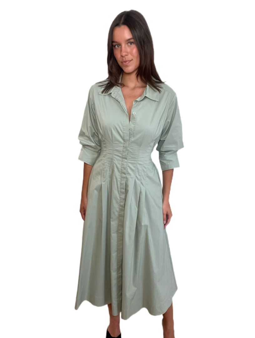 Jonathan SimKhai Sage Green 3/4 Sleeve, Maxi Length Dress, Back Cutout, Button Down, Collared. Size: 1