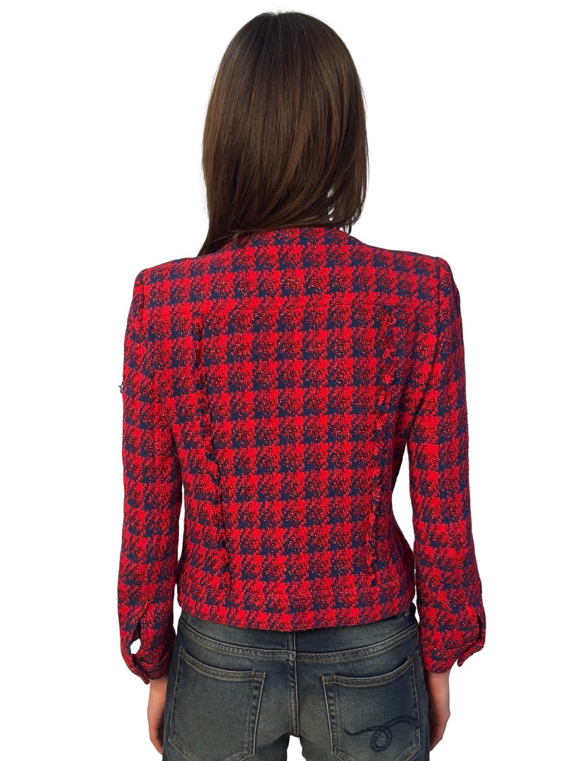 IRO Red / Navy Tweed Metallic Cardigan. Size: 40
