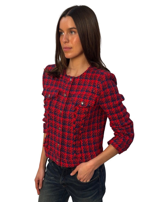 IRO Red / Navy Tweed Metallic Cardigan. Size: 40