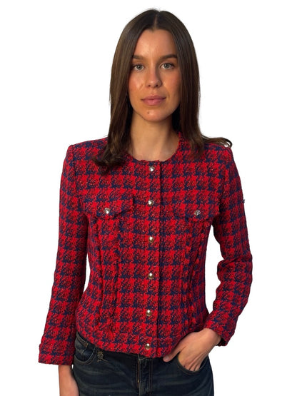 IRO Red / Navy Tweed Metallic Cardigan. Size: 40