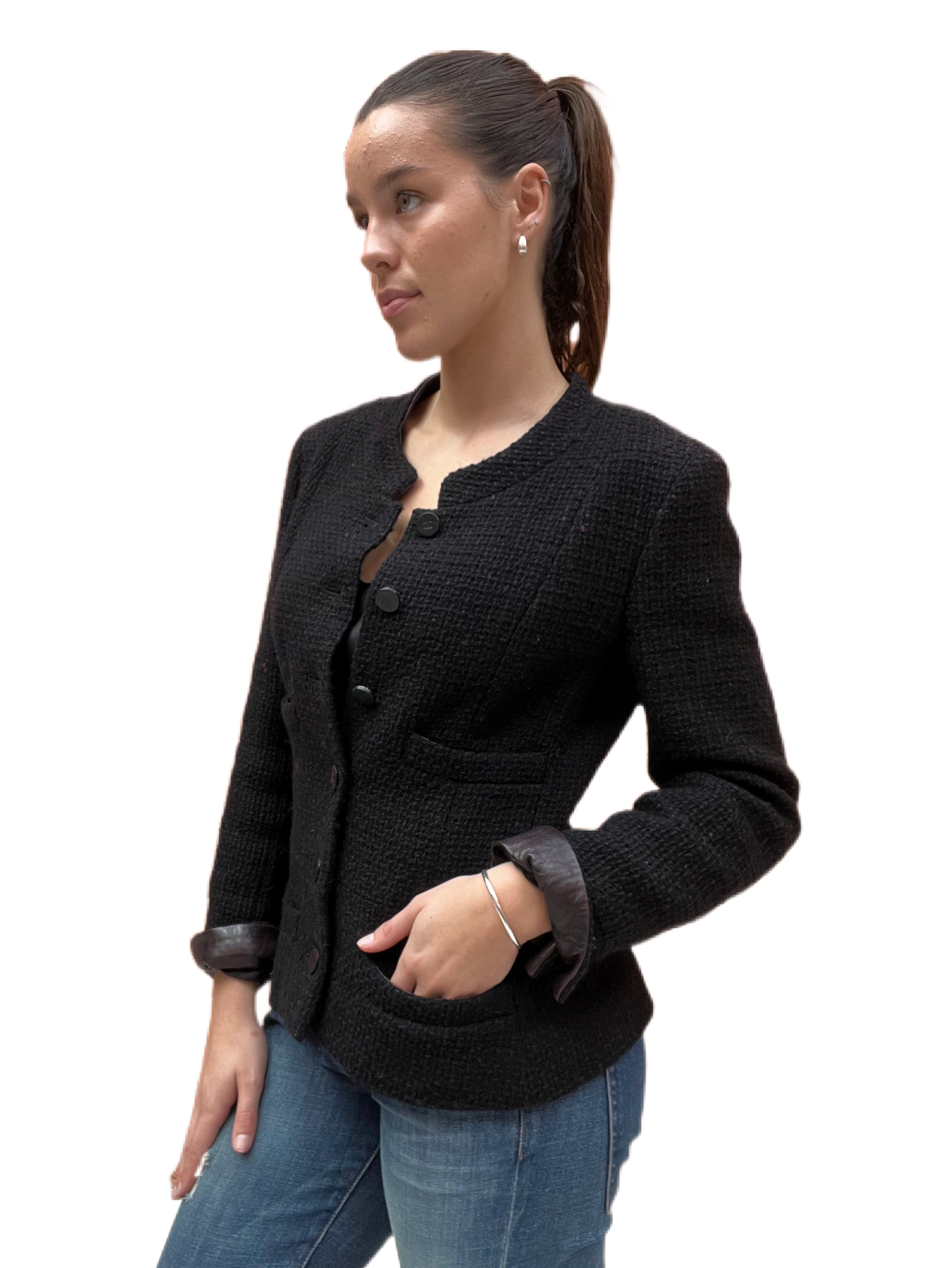 Chanel Black & Plum Fleck Tweed Jacket. Size: 40