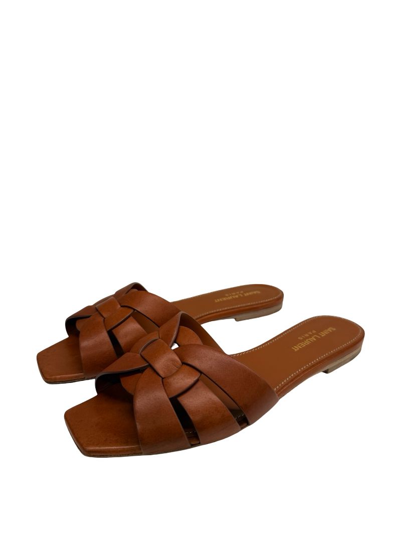 Saint Laurent Amber Tribute Sandals in Smooth Leather. Size: 38.5