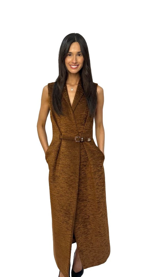 Brandon Maxwell Caramel Cafe Belted Vest Dress. Size: 4 US