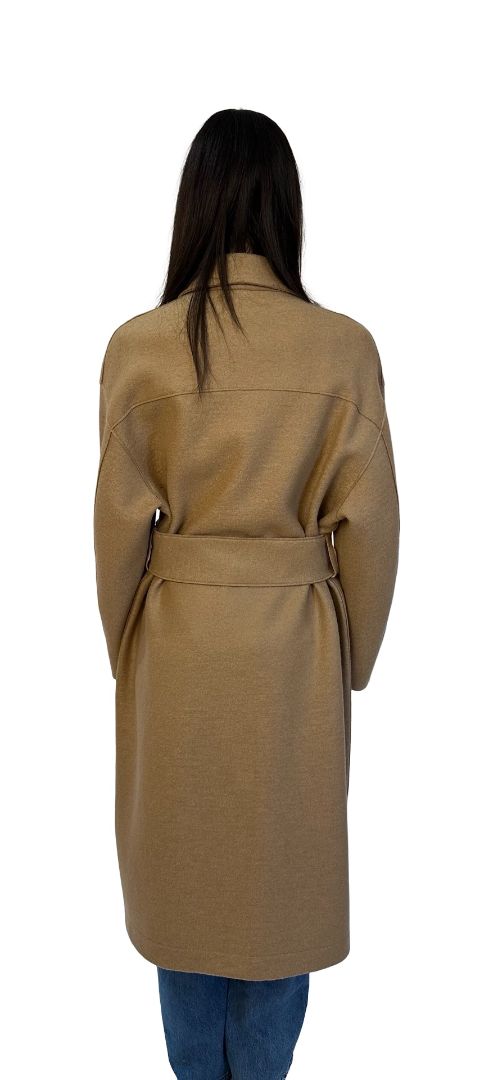 Harris Wharf London Camel Wool Double Breasted Long Coat w/ Tie Belt. Size: 42