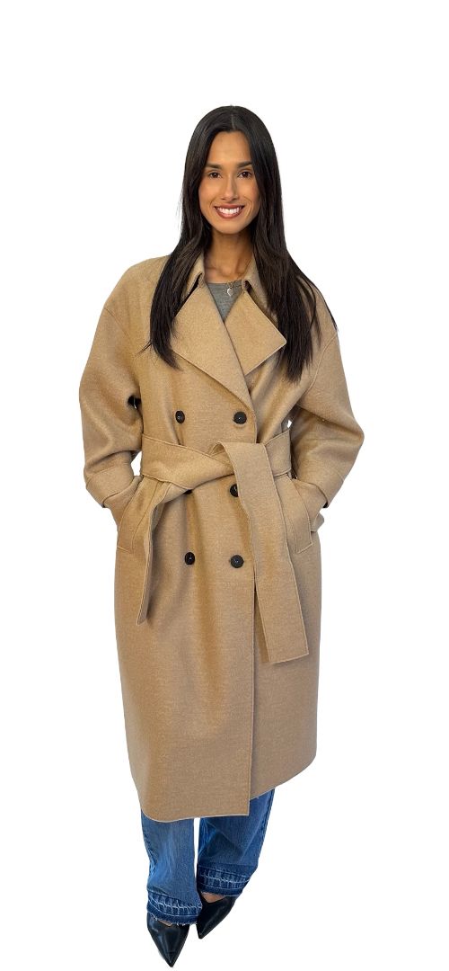 Harris Wharf London Camel Wool Double Breasted Long Coat w/ Tie Belt. Size: 42
