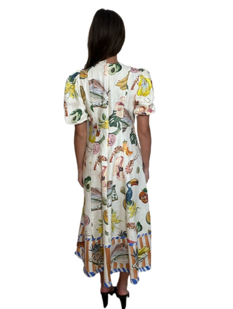 Alemais Multi Tropical Fruit Print Long Dress. Size: 10