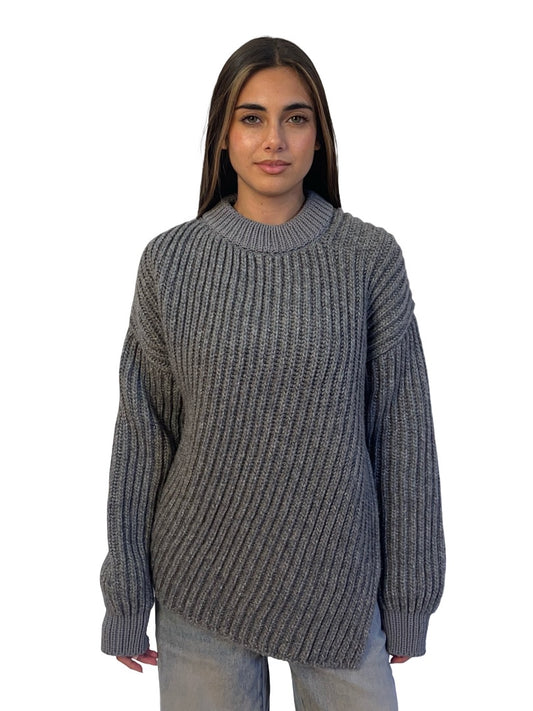 SportMax Grey Wool Blend Thick Purl Knit Sweater. Size: M
