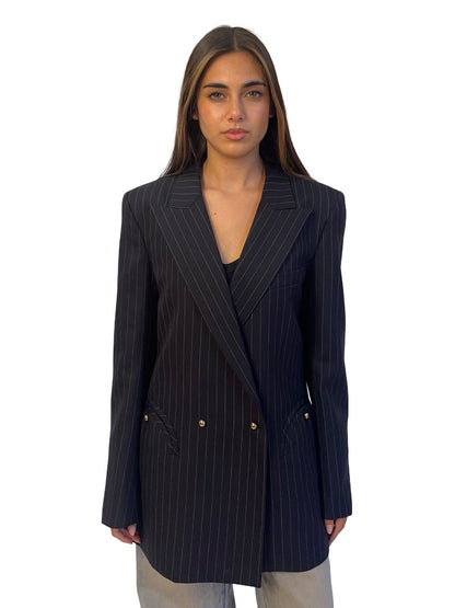 Blaze Milano Navy Pinstripe Double Breasted 'Smiley' Pocket Blazer. Size: IV