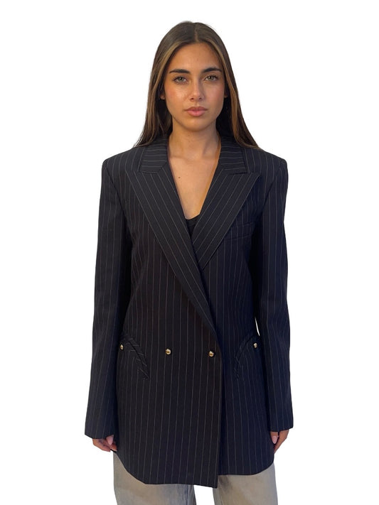 Blaze Milano Navy Pinstripe Double Breasted 'Smiley' Pocket Blazer. Size: IV